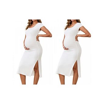 2 Packs Women's Maternity Square Neck Ribbed Knit Midi Ruched Side Slit Pregnancy Dress