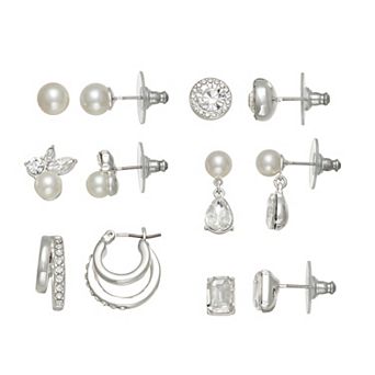 You're Invited 6-Pair Silver Tone Simulated Pearl & Crystal Polished Earring Set