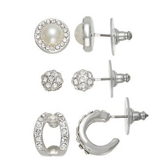 You're Invited 3-Pair Silver Tone Simulated Pearl & Crystal Post Earring Set