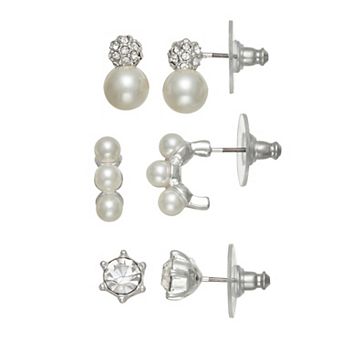 You're Invited 3-Pair Silver Tone Simulated Pearl & Crystal Post Earring Set