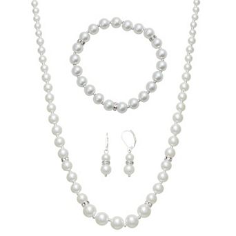 You're Invited Silver Tone Simulated Pearl Necklace, Bracelet & Leverback Earring Set