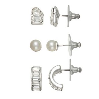 You're Invited 3-Pair Silver Tone Simulated Pearl & Crystal Polished Post Earring Set