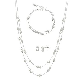 You're Invited Silver Tone Simulated Pearl Layered Necklace, Bracelet & Earring Set