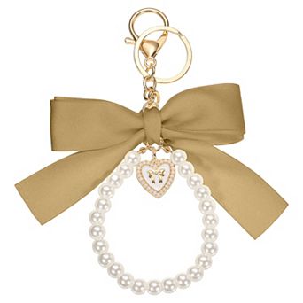Ribbon Bow Keychain, Pearl Wristlet Bag Accessories Bow Charm Pendant for Purse Handbag Tote