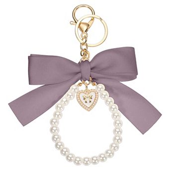 Ribbon Bow Keychain, Pearl Wristlet Bag Accessories Bow Charm Pendant for Purse Handbag Tote