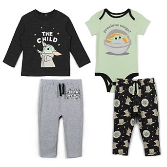 Star Wars The Mandalorian Grogu 4 pc Bodysuit Tee and Pants Set