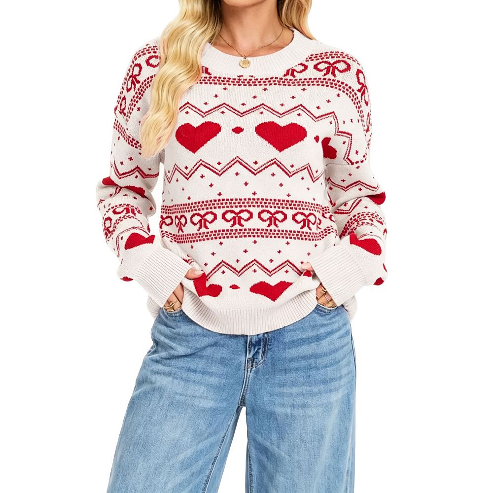 Women Heart Bow Knit Sweater Casual Long Sleeve Crewneck Pullover