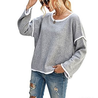 Women Contrast Trim Knit Sweater Loose Casual Long Sleeve Crewneck Pullover