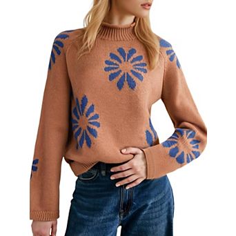 XuBa Vintage Floral Print Knit Pullover Long Sleeve Contrast Flower Sweater for Women