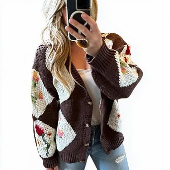 XuBa Women Argyle Floral Knit Cardigan V‑Neck Button Front Long Sleeve Sweater