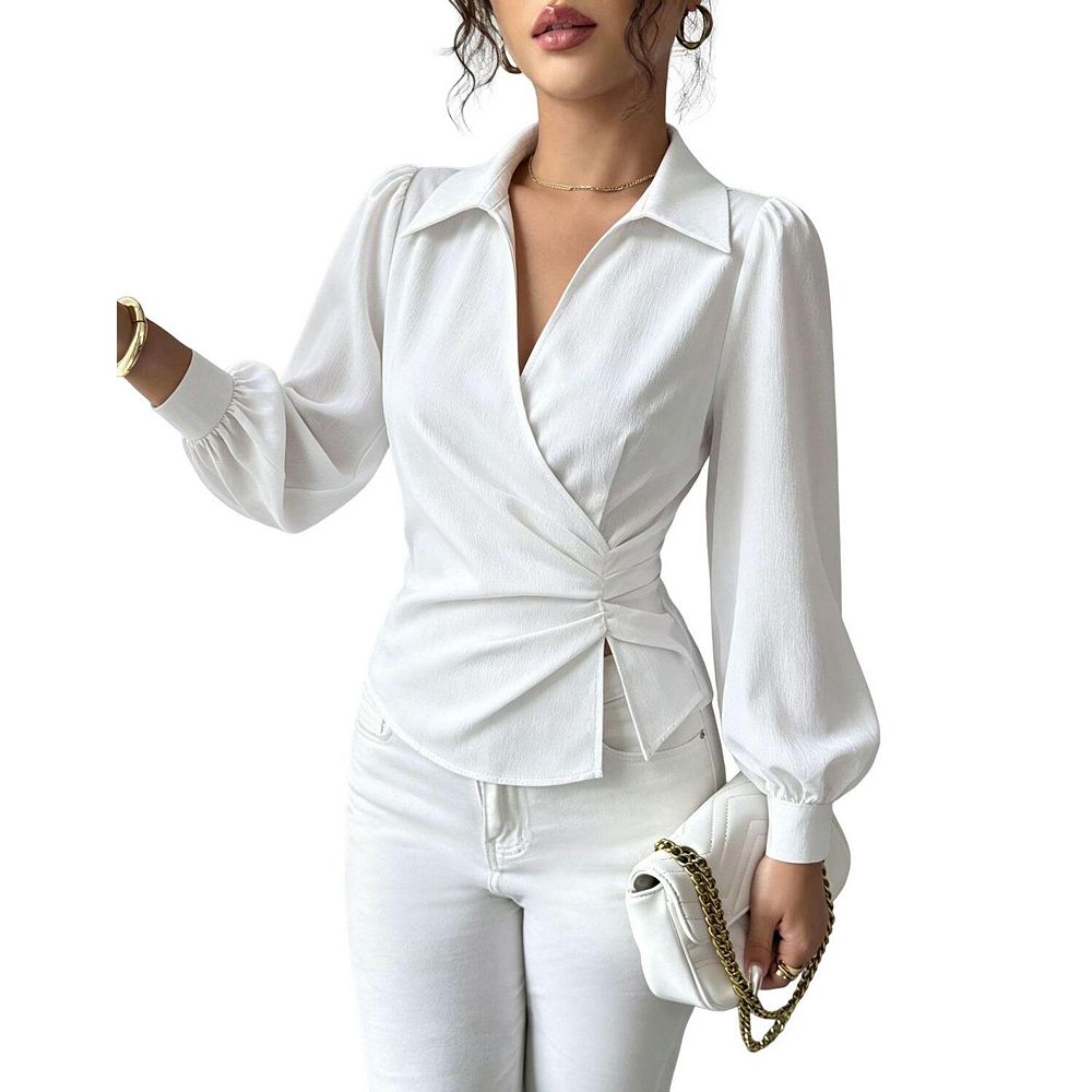 Women Collar V Neck Wrap Blouse Long Sleeve Ruched Waist Tie Work Top