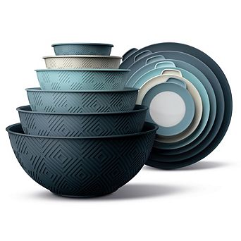 12 pc Nesting Plastic Mixing Bowls with Lids Blue Rhombus
