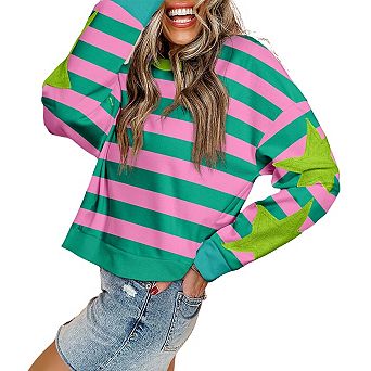 Star Patchwork Round Neck Pullover Sweatshirt
