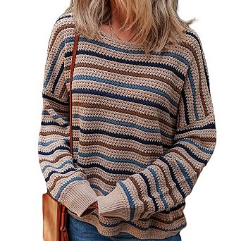Multicolour Striped Knitted Drop Shoulder Round Neck Sweater