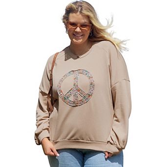 Floral Peace Sign Graphic Washed Terry Plus Size Sweatshirt