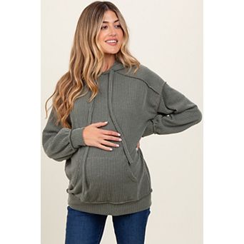Maternity Ribbed Front Pocket Drawstring Hoodie