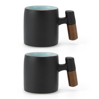 2 pc 2.5oz Ceramic Espresso Cups with Wooden Handle