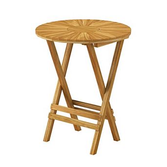Round Folding Patio Side Table with Slatted Top for Porch Balcony Garden and Poolside