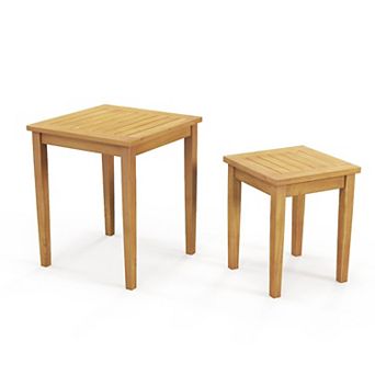 Set of 2 Teak Wood Nesting Side Tables with Slatted Tabletops for Indoor and Outdoor Living Spaces