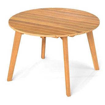 Round Acacia Wood Outdoor Side Table with Slatted Tabletop for Patio Porch Balcony and Garden
