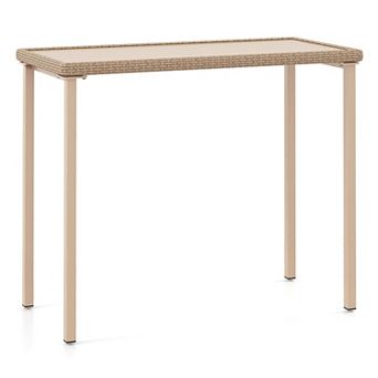 Rectangular Patio Bar Height Table with Slatted Top for Backyard Balcony and Poolside