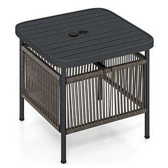 Outdoor Side Table with Umbrella Hole and Open Storage Shelf for Patio Porch Deck and Garden