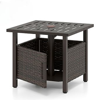 Outdoor Side Table with Umbrella Hole and Adjustable Foot Pads for Patio Porch Deck and Garden