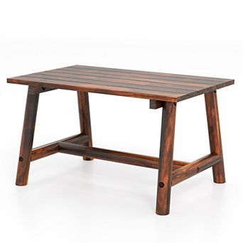 Pine and Fir Wood Patio Coffee Table with Rectangular Slatted Top and Crossbar for Outdoor Spaces