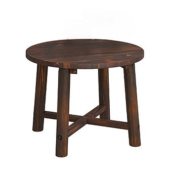 Round Outdoor End Table with Wooden Tabletop and Cross Base for Patio Porch Deck and Garden