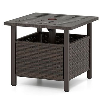 Outdoor Wicker Side Table with Built In Umbrella Hole for Patio Porch Deck and Garden