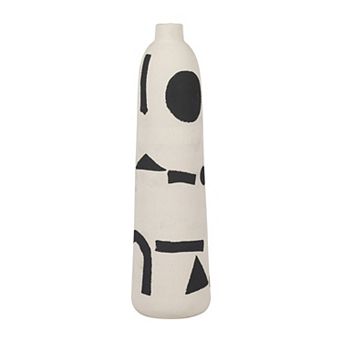 Boho Stoneware & Wood Vase with Geometric Pattern - Decorative Ceramic Accent - 15"