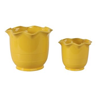 Ceramic Scalloped Rim Planter Pot Set of 2 - Yellow, 6/8"