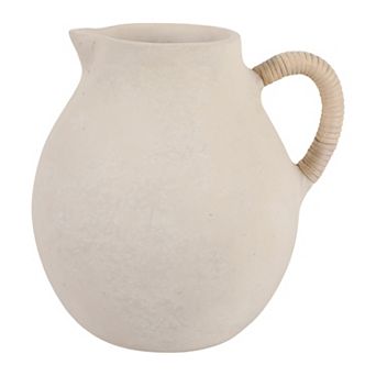 Elegant Pottery Vase with Woven Rattan Handle - Stylish Flower Vase - Ivory & White
