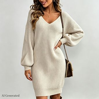 Women Backless Bow Tied Long Lantern Sleeve Pullover Sweater Dress Fall Winter Trendy Clothes