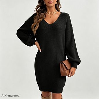 Women Backless Bow Tied Long Lantern Sleeve Pullover Sweater Dress Fall Winter Trendy Clothes