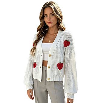 Women's 3D Crochet Strawberry Patchwork Knit Cardigan Loose V Neck Long Sleeve Button Down Sweaters