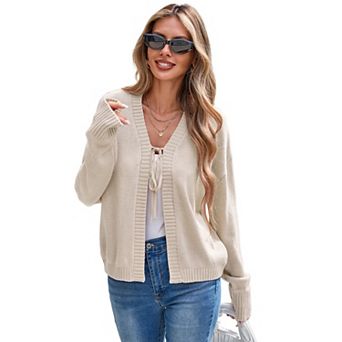 Women's Causal Dressy Tie Front Knit Cardigan V Neck Long Sleeve Open Front Sweater Coat