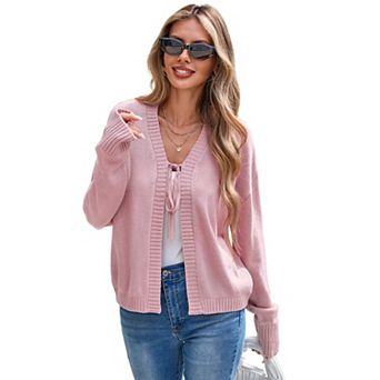 Women's Causal Dressy Tie Front Knit Cardigan V Neck Long Sleeve Open Front Sweater Coat