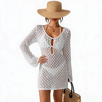 Women Crochet Swim Cover‑Up Long Sleeve Keyhole Front Beach Dress