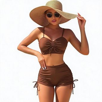 Women 2 pc Swimsuit Drawstring Bikini Top High Waist Boyshort Bathing Suit