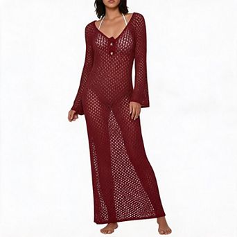 Women Crochet Swim Cover‑Up Long Sleeve Floral Knot Front Maxi Beach Dress