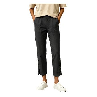 Women Cropped Pants Casual Straight Leg Pants with Side Buttons Pull On Trousers with Pockets