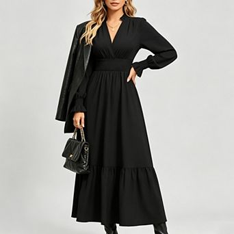 Women's Solid Color V Neck Long Sleeved Chiffon Maxi Dress Fall Style Trendy Elegant Dresses
