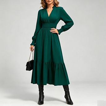 Women's Solid Color V Neck Long Sleeved Chiffon Maxi Dress Fall Style Trendy Elegant Dresses