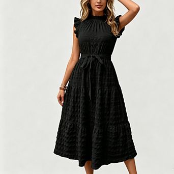 Women's Ruffle Sleeve Stand Collar Maxi Dress a-Line Hem Ruffled Summer Casual Belted Dress