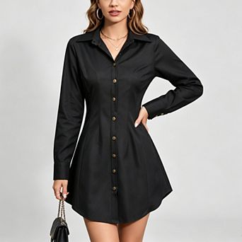 Women Single Breasted Button Shirt Collar Cinched Waist Long Sleeve Shirt Dress