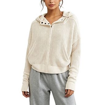 Women's Waffle Knit Cropped Hoodie Zip Up Long Sleeve Drop Shoulder Jacket With Side Pockets