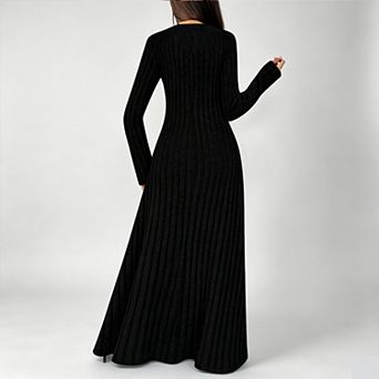 Women Casual Long Sleeve Long Dress Fall Rib Knit Crew Neck A Line Sweater Dresses