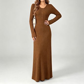 Women Casual Long Sleeve Long Dress Fall Rib Knit Crew Neck A Line Sweater Dresses