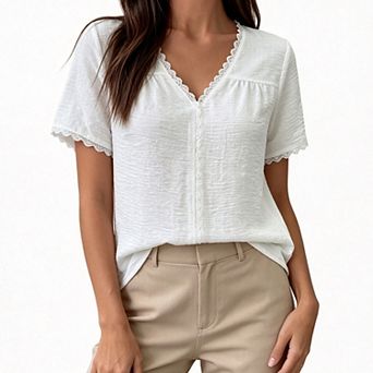 Women V‑Neck Lace Trim Blouse Short Sleeve Textured Fabric Loose Fit Casual Shirt Top